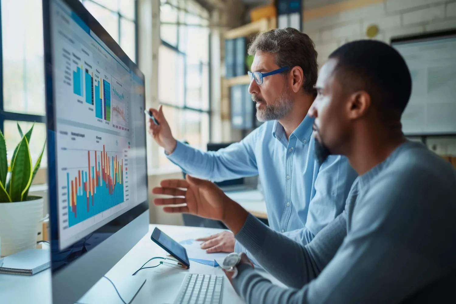 Two advisors reviewing financial dashboards on a large monitor